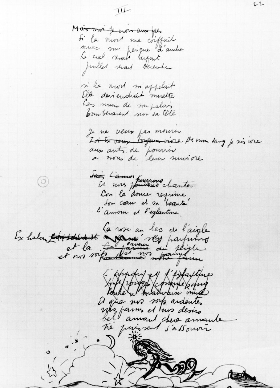 Runo, 1936-7 (kynä ja muste paperille) tekijältä Robert Desnos