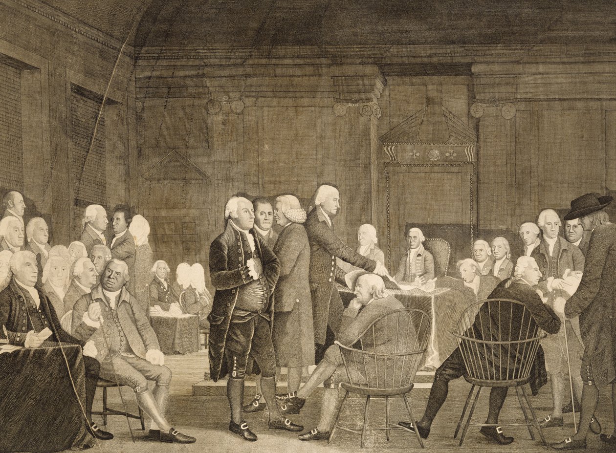 Kongressin äänestämisen riippumattomuus, c. 1795 (pistekaiverrus paperille) tekijältä Robert Edge Pine