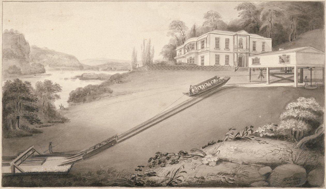 Kalteva vene kuljetettu kanavan ylätasolle, 1797 tekijältä Robert Fulton