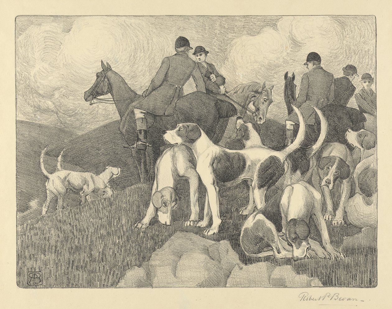 The Meet (kynä ja harmaa pesu, korostettu valkoisella paperille) tekijältä Robert Polhill Bevan