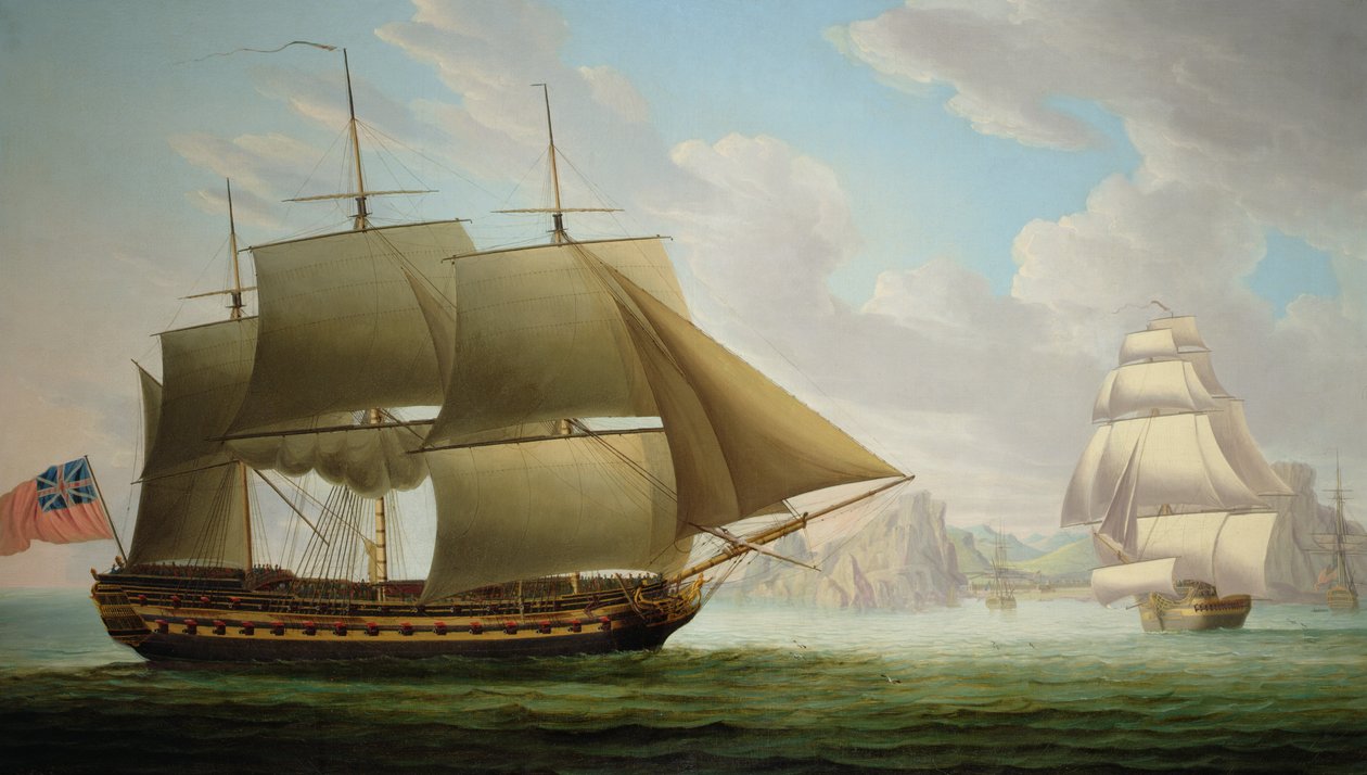 Itä-Intian "Cirencester" St. Helenan edustalla, 1795 tekijältä Robert Dodd