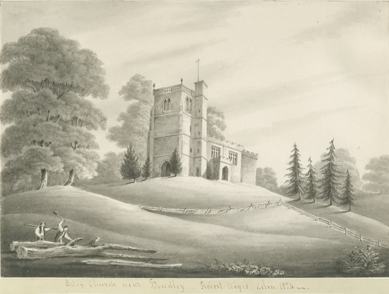 Arley Church: seepiapiirros, 1824 tekijältä Robert Noyes