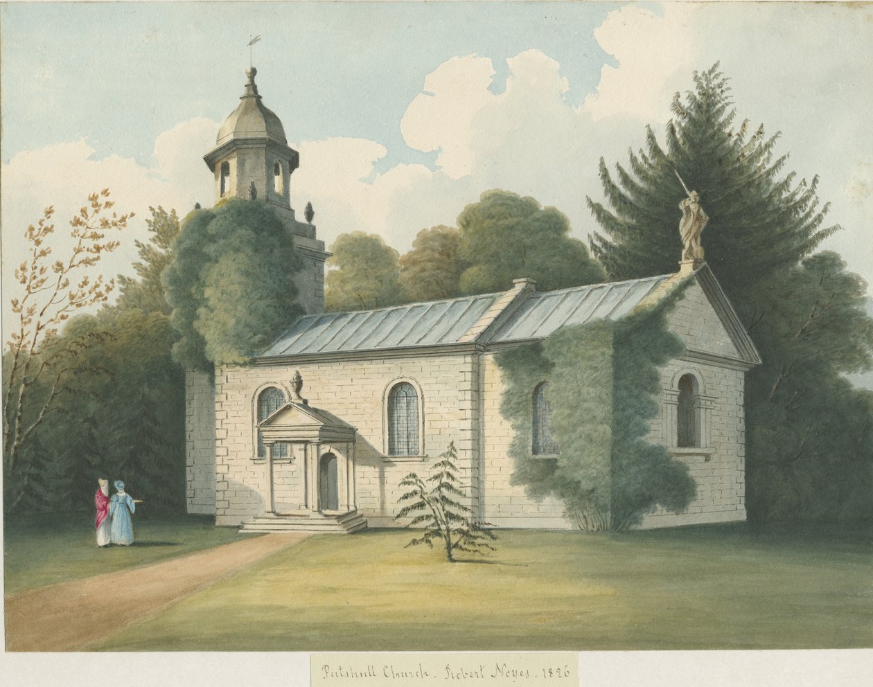 Patshullin kirkko: akvarellimaalaus, 1826 tekijältä Robert Noyes
