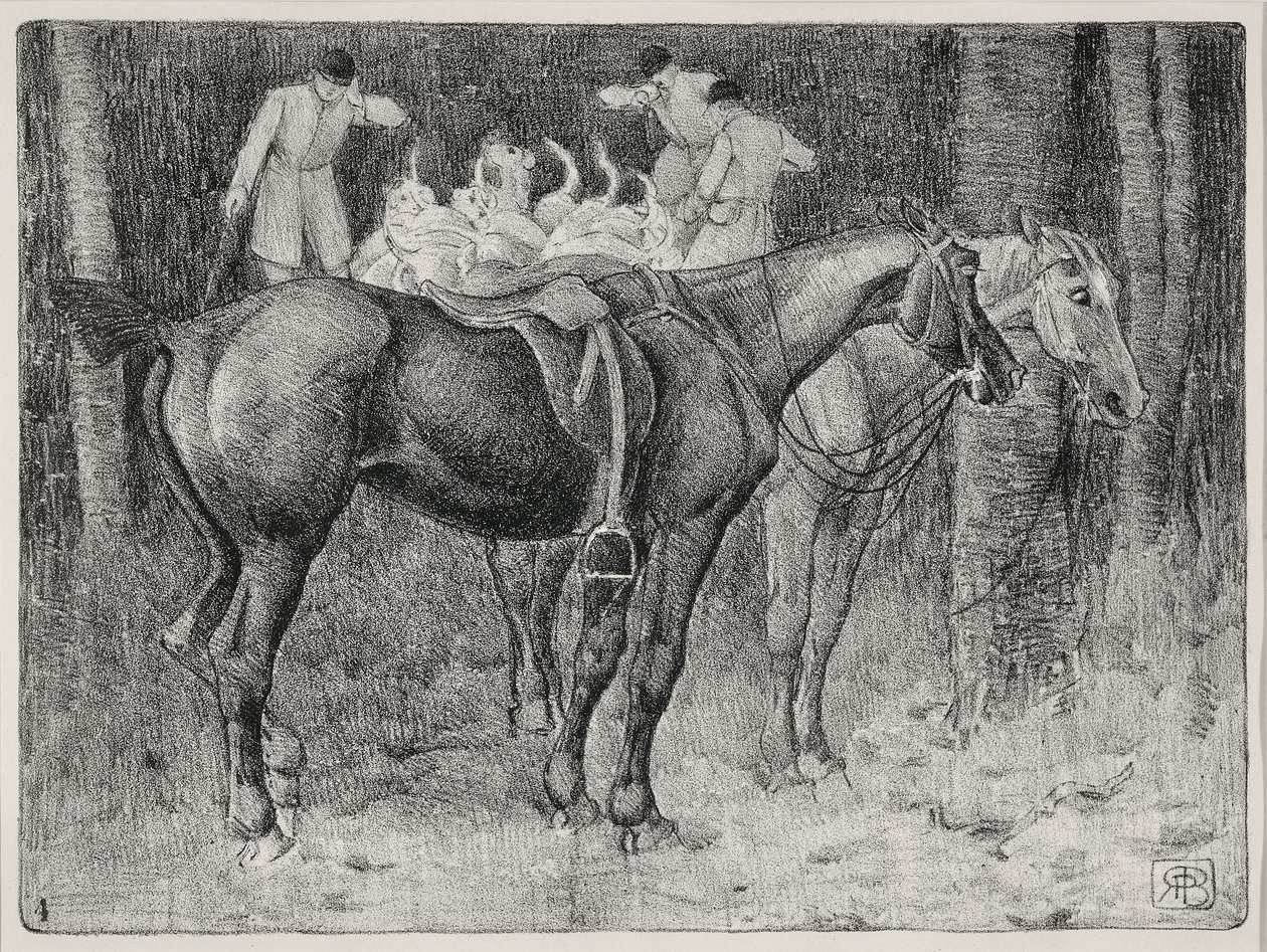 Metsästyskohtaus (litho) tekijältä Robert Polhill Bevan