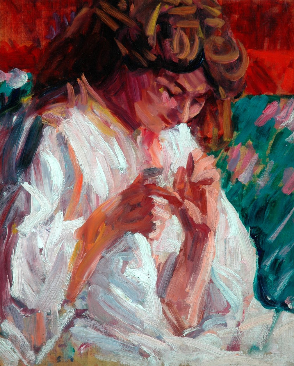 Girl Mending, 1901 (öljy vanerilevylle) tekijältä Roderic O Conor