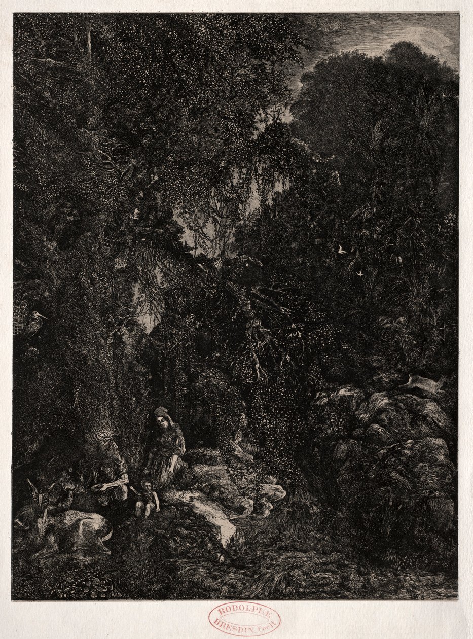Pyhä perhe peuran kanssa, 1871. tekijältä Rodolphe Bresdin