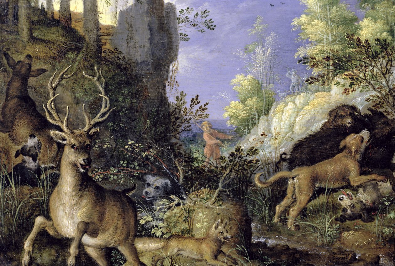 Metsämaisema metsästäjiä ja eläimiä tekijältä Roelandt Jacobsz. Savery