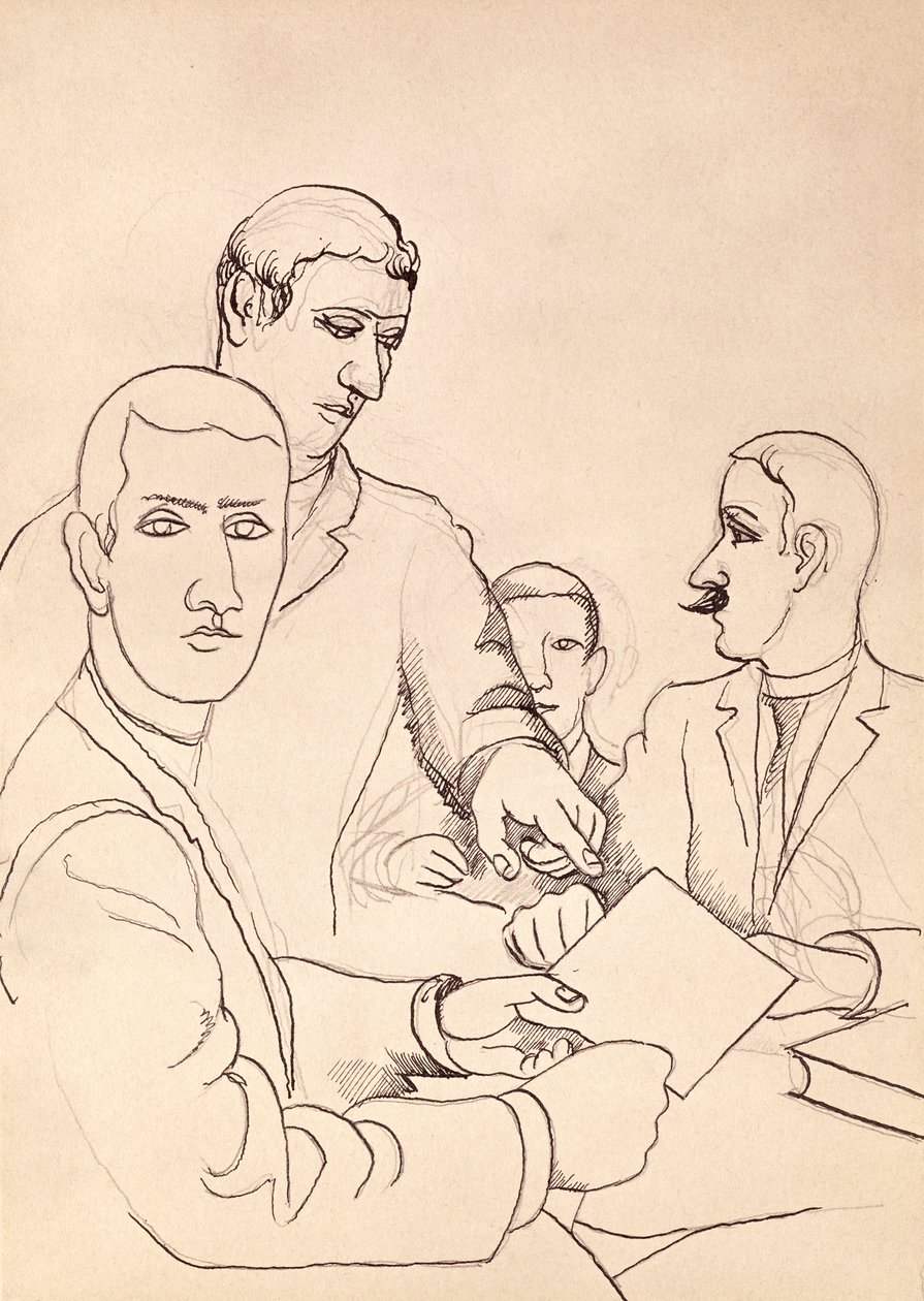 Ystävät, piirustus (kynä, muste ja pastelli paperille) tekijältä Roger de La Fresnaye