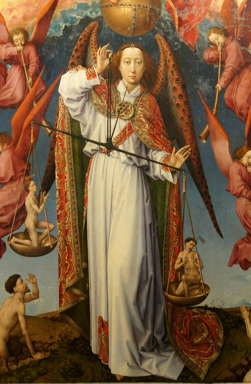 Lähikuva arkkienkeli Pyhä Mikael punnitsee sieluja, viimeisen tuomion alttaritaulu tekijältä Rogier van der Weyden