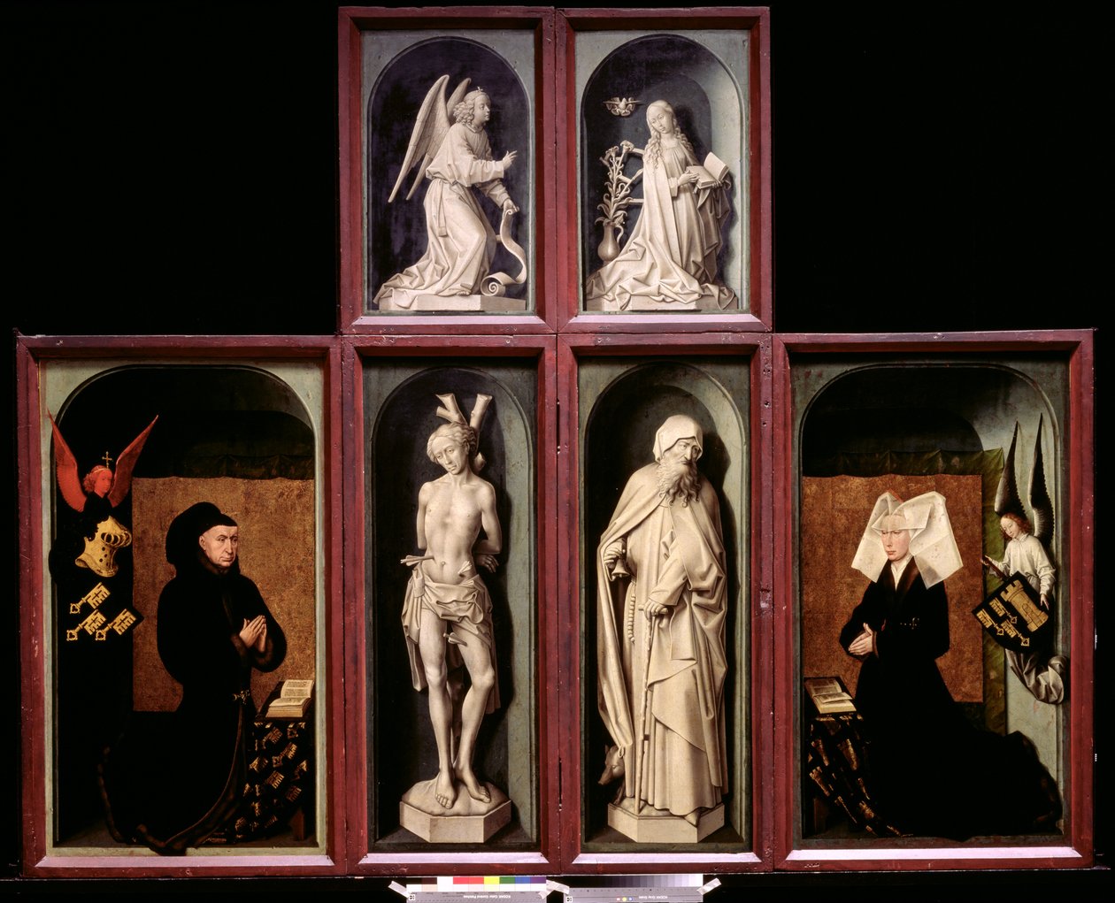 Viimeinen tuomio suljettuna, kuvaa lahjoittajien liittokansleri Nicholas Rolinia ja hänen vaimoaan Guigone de Salinsia, Marian ilmestys, Pyhä Sebastián ja Pyhä Antonius Suuri, n. 1445-1450 (ks. tekijältä Rogier van der Weyden
