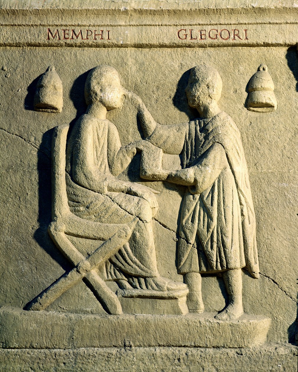 Reliefi, jossa silmälääkäri tutkii potilasta. tekijältä Roman