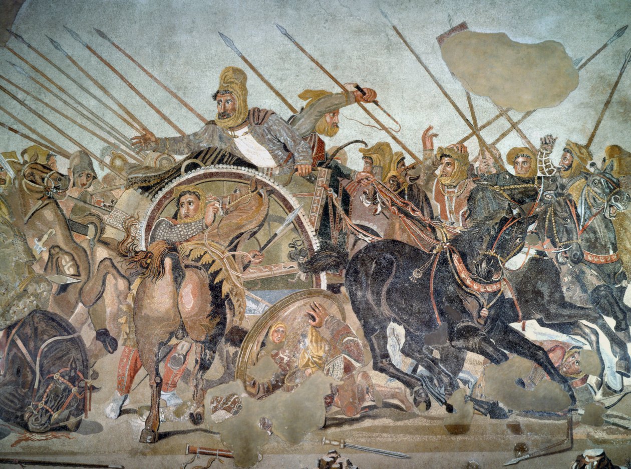Aleksanteri-mosaiikki, yksityiskohta, joka kuvaa Darius III 399-330 eKr. Issuksen taistelussa Aleksanteri Suurta vastaan 356-323 eKr. vuonna 333 eKr. mosaiikki yksityiskohta, 154003 tekijältä Roman