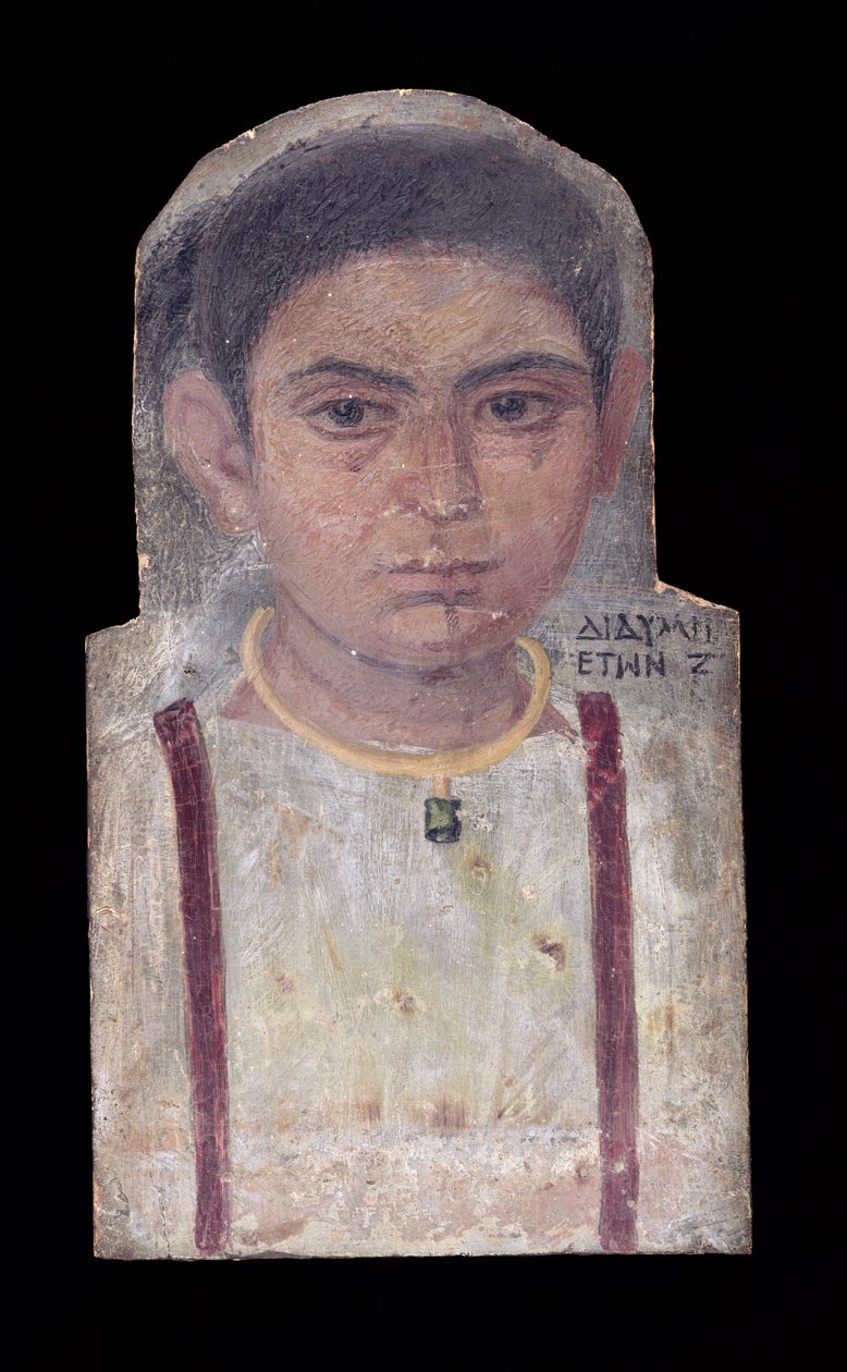 Nuoren tytön muumiomuotokuva, jossa kaiverrus "Didyme, 7 vuotta vanha", 180-200 jKr (paneelissa enkaustinen vaha) tekijältä Roman Period Egyptian