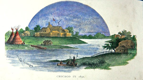 Chicago vuonna 1831 (väri litho) tekijältä Rudolf (after) Cronau