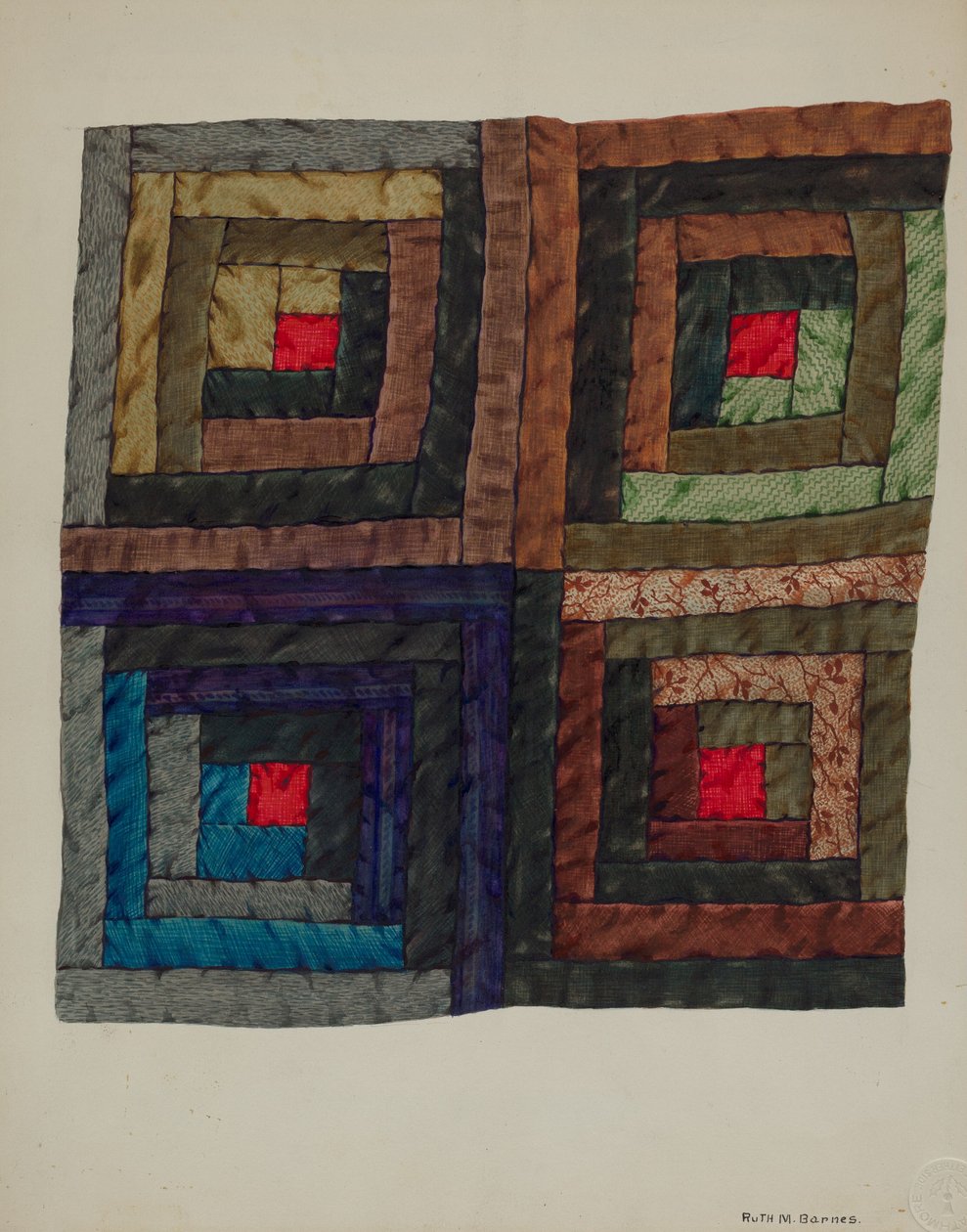 Hirsimökki Quilt, c. 1937. tekijältä Ruth M Barnes