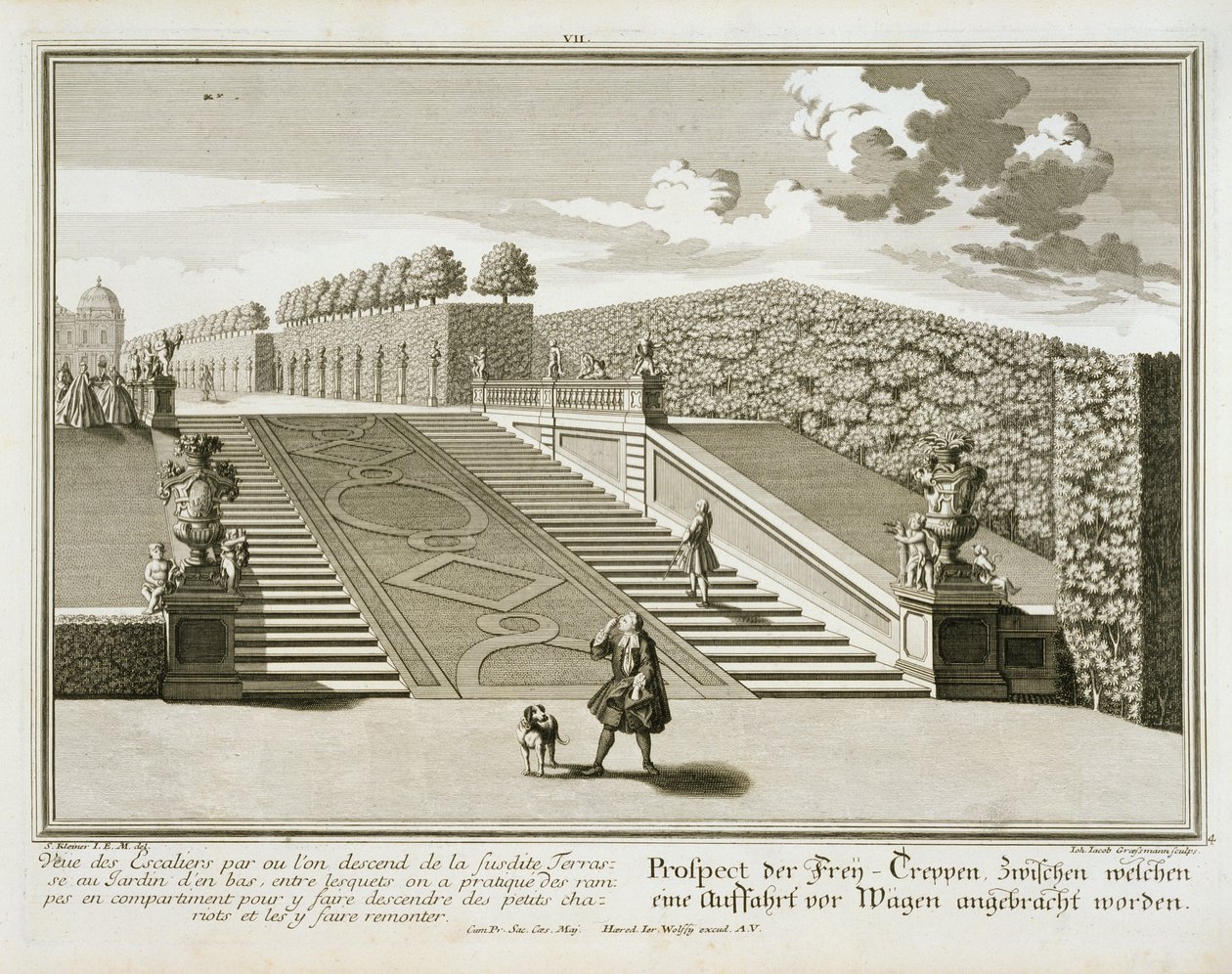 Portaat puutarhaterassille, Belvederen palatsi, Wien, kaiverrus Johann Jacob Grossmann, julkaistu n.1730-40 tekijältä Salomon Kleiner