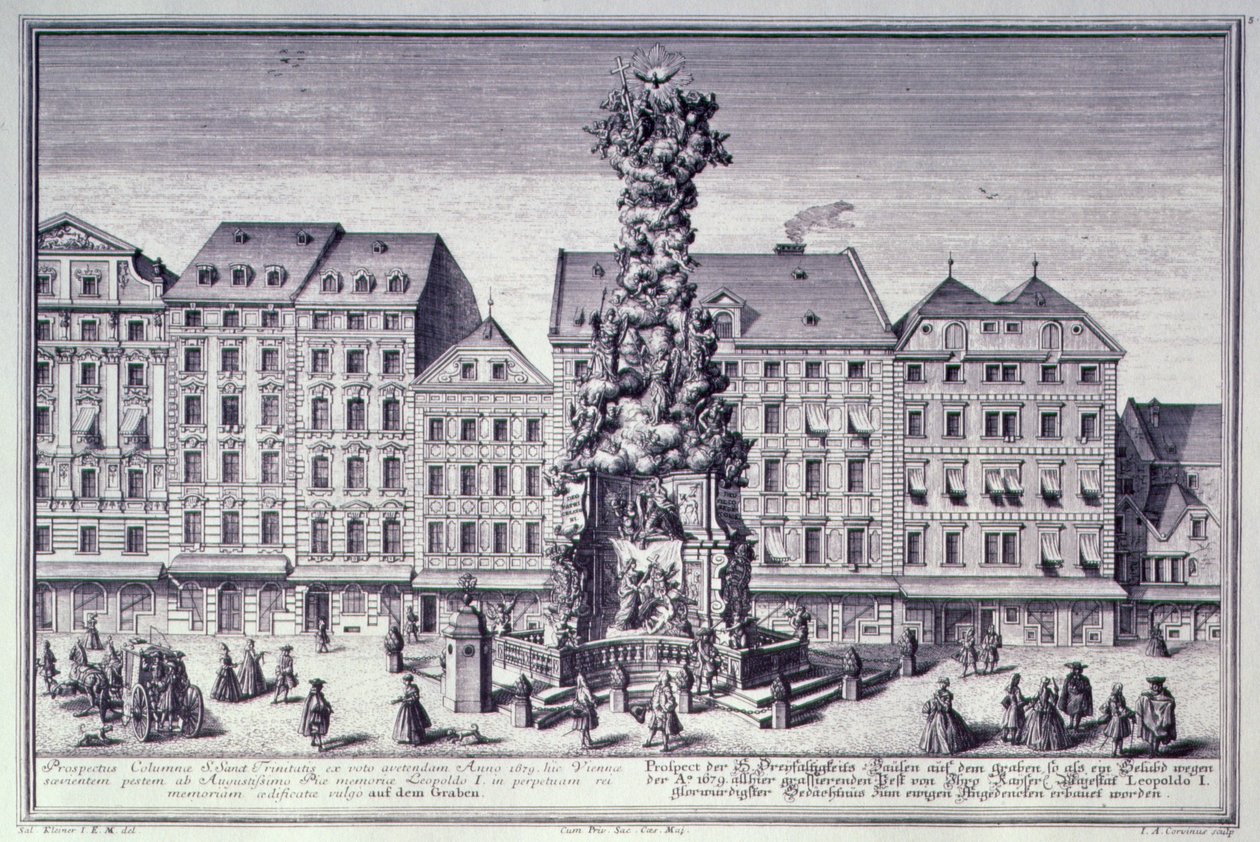 Näkymä Pestsaulelle, keisari Leopold I:n toimeksiannosta Wienin vuoden 1679 rutosta vapautumisen muistoksi, jesuiitojen suunnittelema ja Matthias Rauchmiller, Lodo. tekijältä Salomon after Kleiner