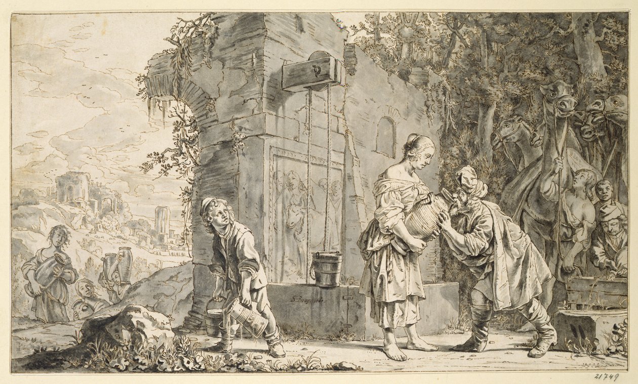 Rebecca ja Eliezer, 1660 (kynä ja muste ja pesu paperille) tekijältä Salomon de Bray