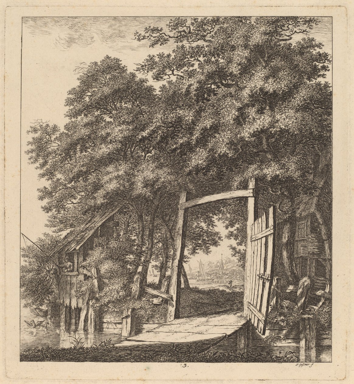 Maalaismainen portti järven rannalla, 1764. tekijältä Salomon Gessner
