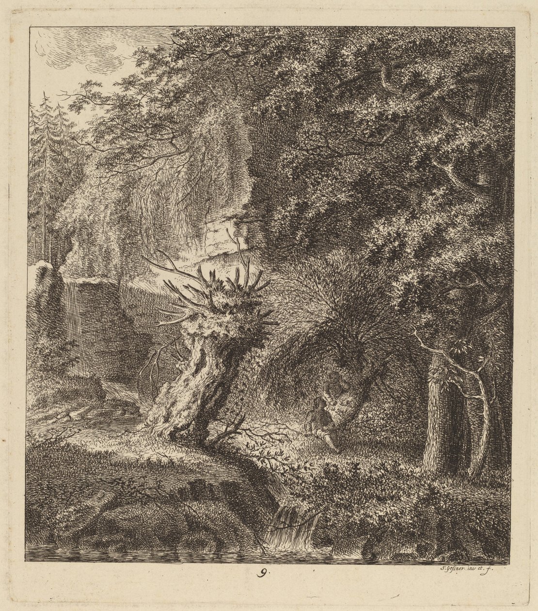 Metsäinen maisema pollardoidulla puulla, 1764. tekijältä Salomon Gessner