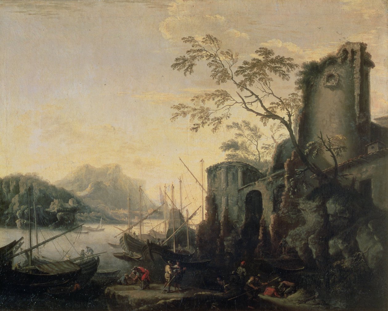Jokimaisema veneillä ja raunioilla tekijältä Salvator Rosa