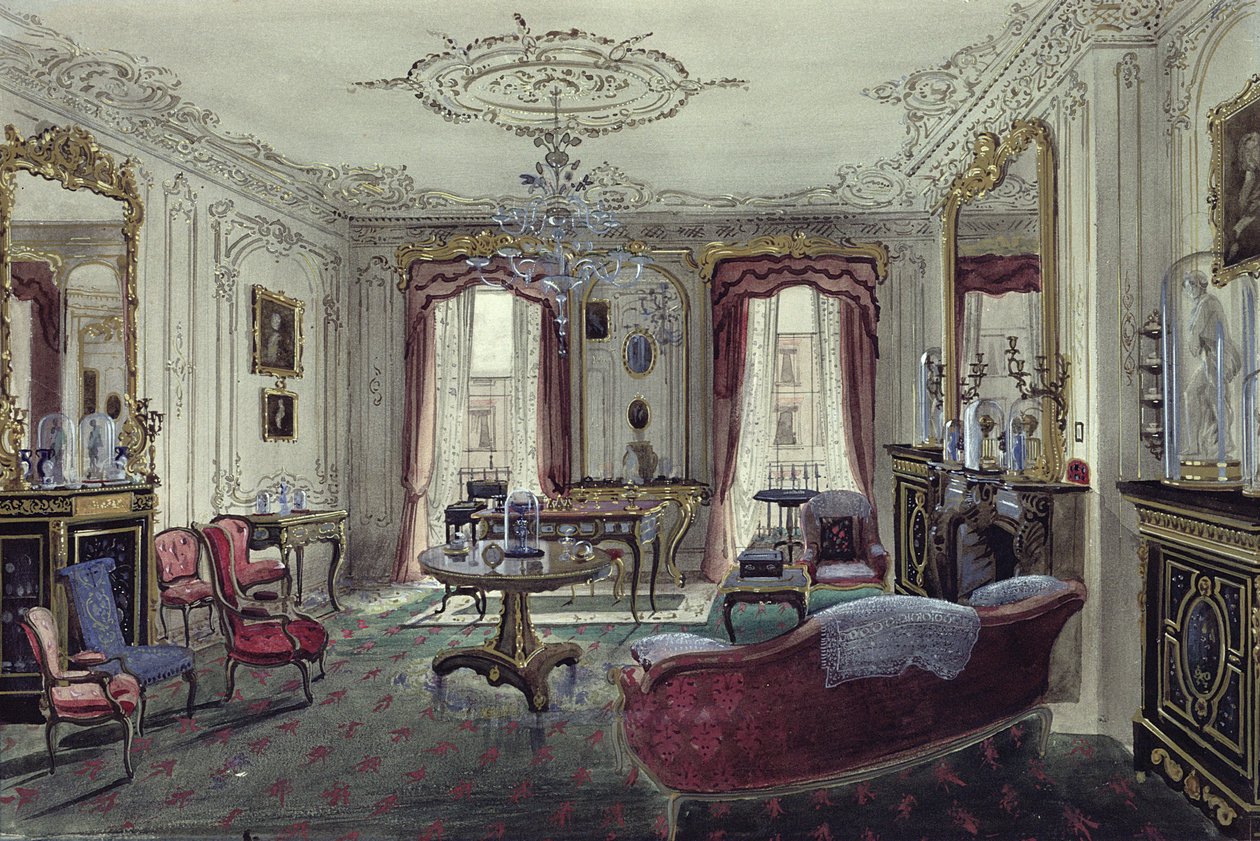 Rivitalon olohuoneen sisustus, 1800-luku (akvarelli) tekijältä Samuel A. Rayner
