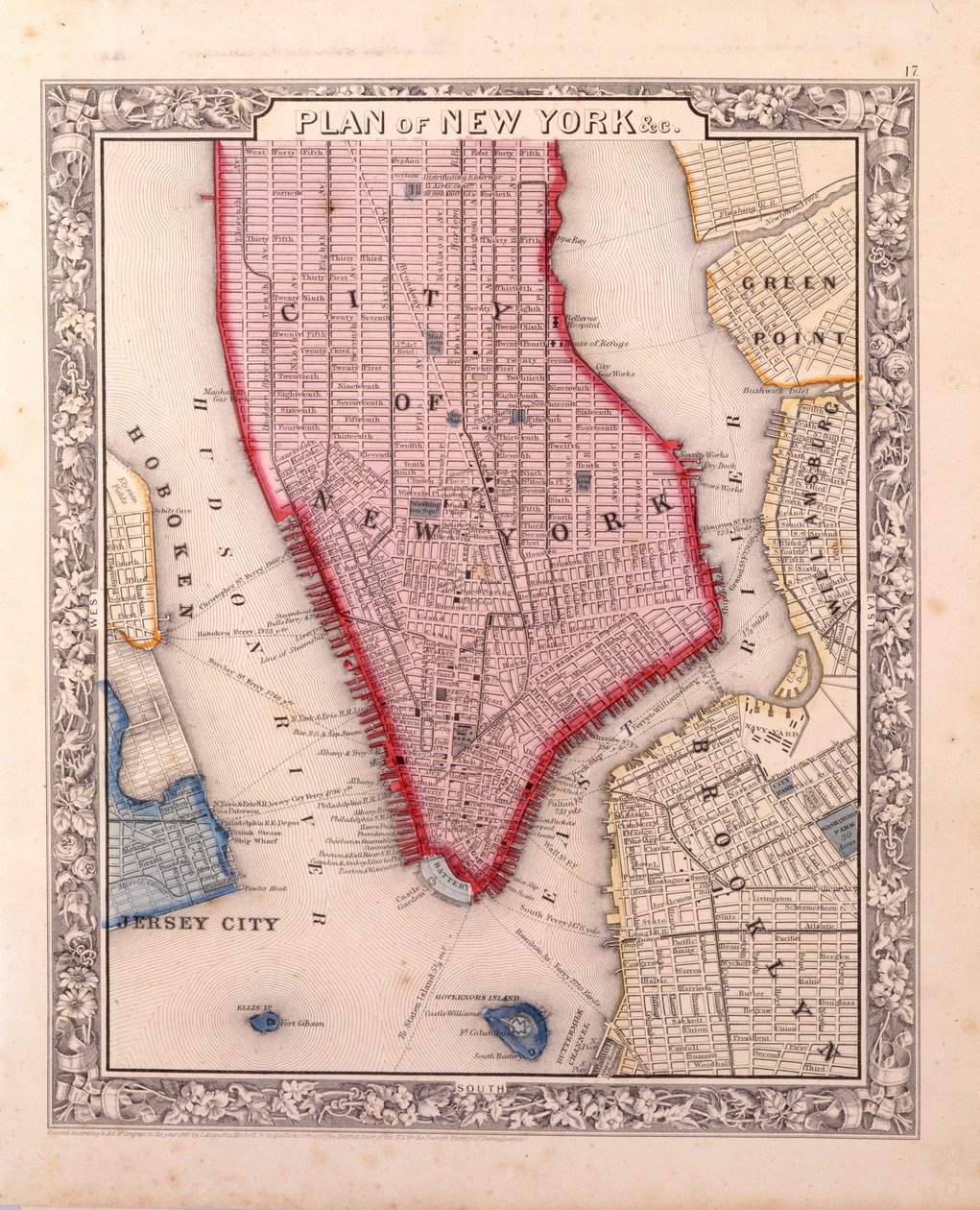 New Yorkin suunnitelma undc. [Manhattanilla pohjoiseen 46th Streetiin asti], 1860 (musta ja värillinen muste, käsin värjätty, paperille) tekijältä Samuel Augustus Mitchell