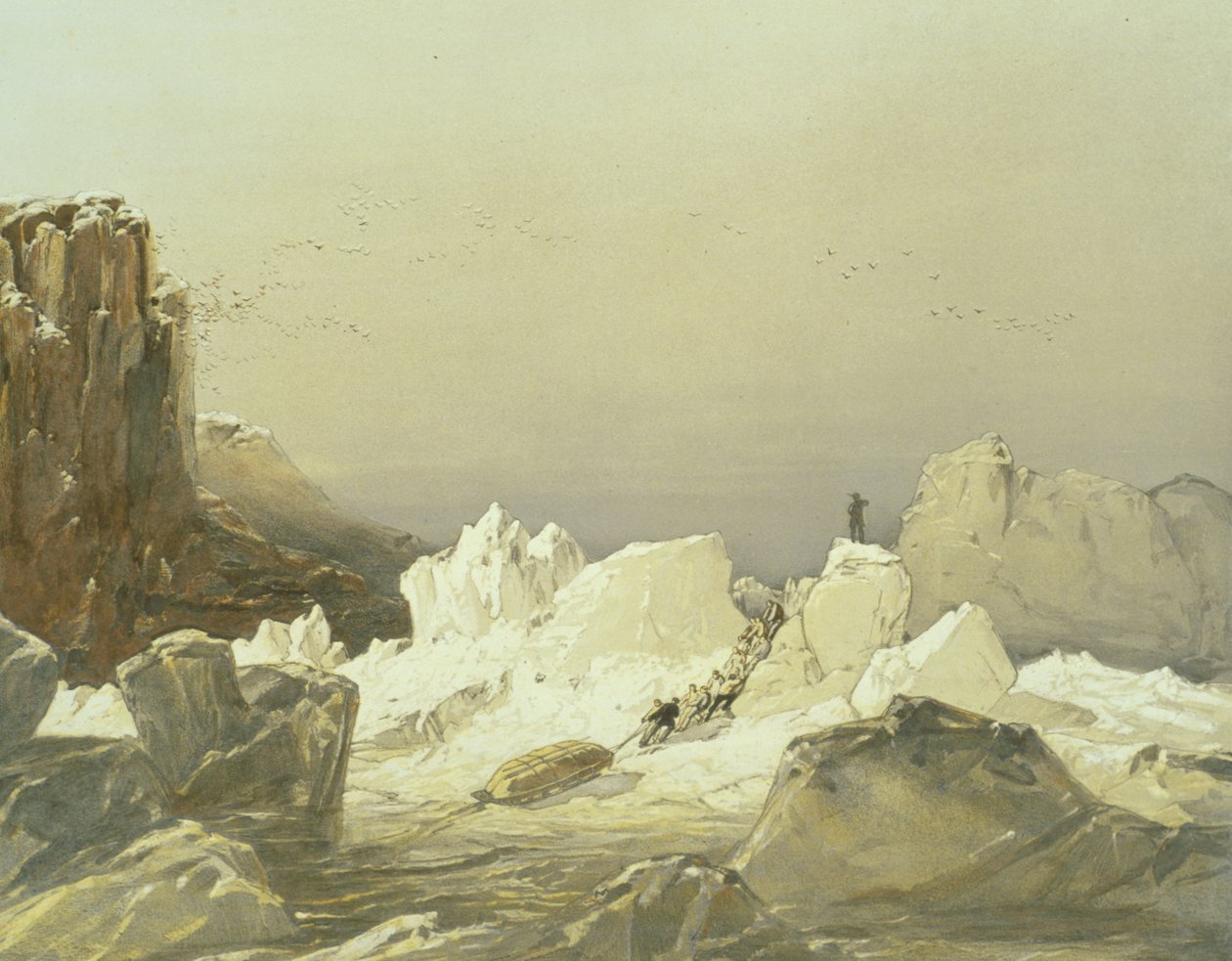 Kelkkailua hummocky-jään yli, huhtikuu 1853, kaiverrus William Simpson, julkaissut Ackermann und Co., 1854 tekijältä Samuel Gurney Cresswell