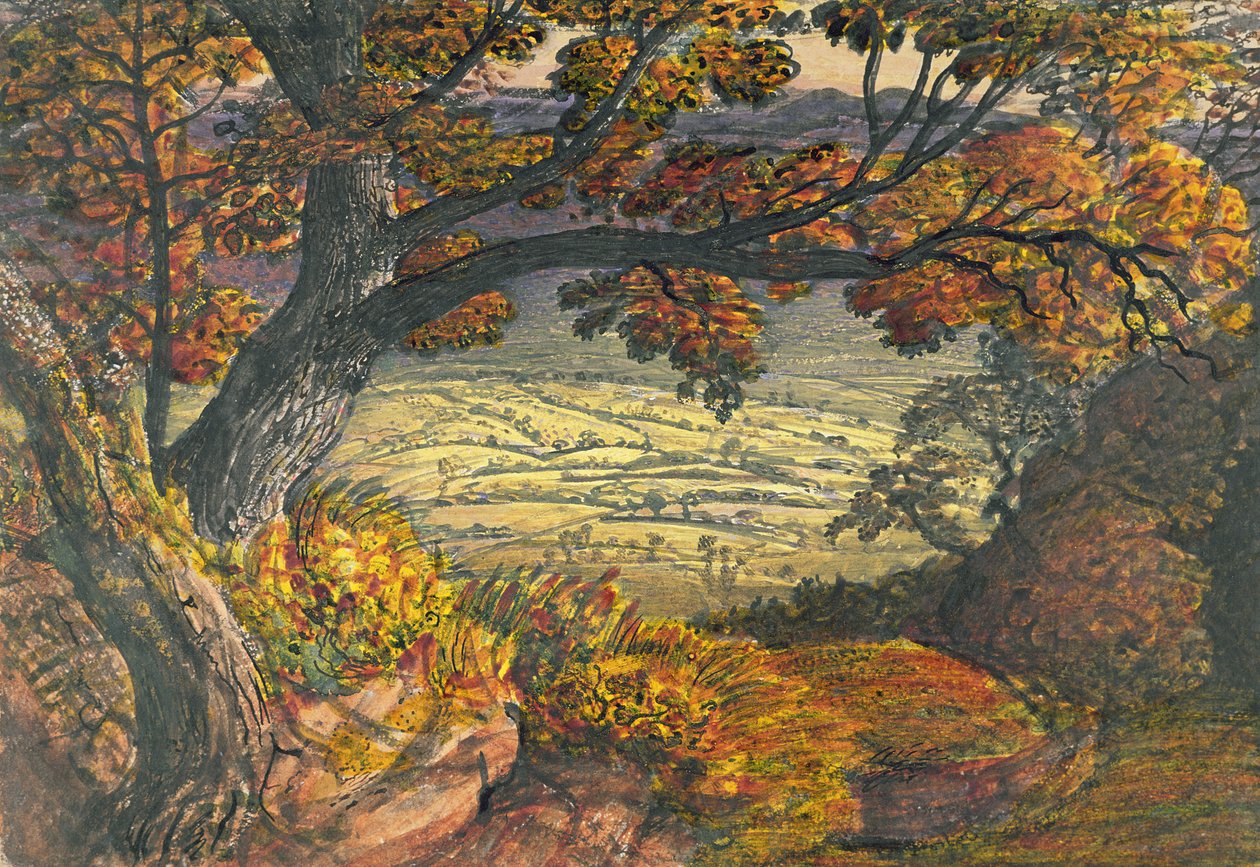 The Weald of Kent, n. 1827-28 (wc ja guassi paperilla) tekijältä Samuel Palmer