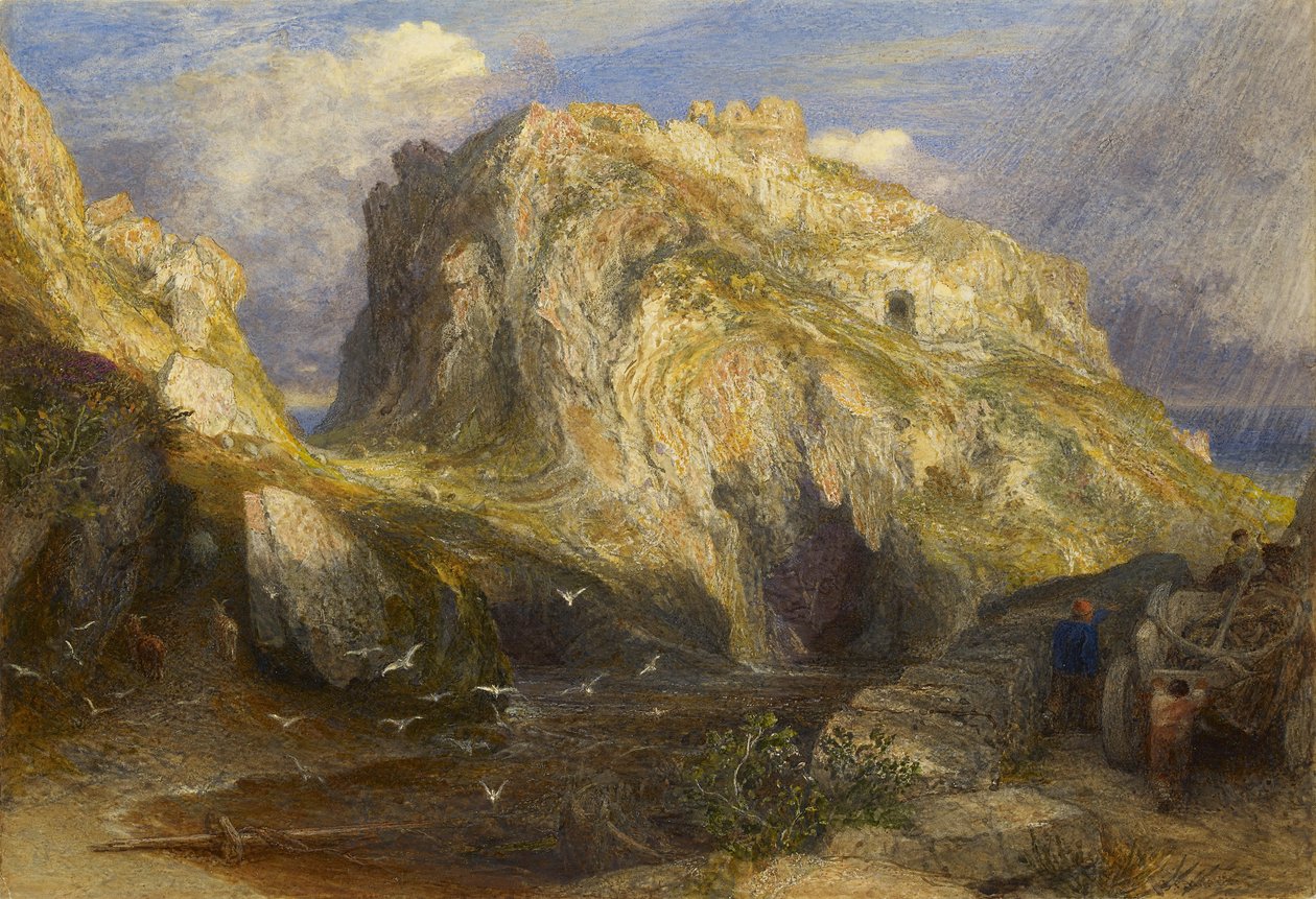 Tintagelin linna, lähestyy sadetta, 1800-luku tekijältä Samuel Palmer