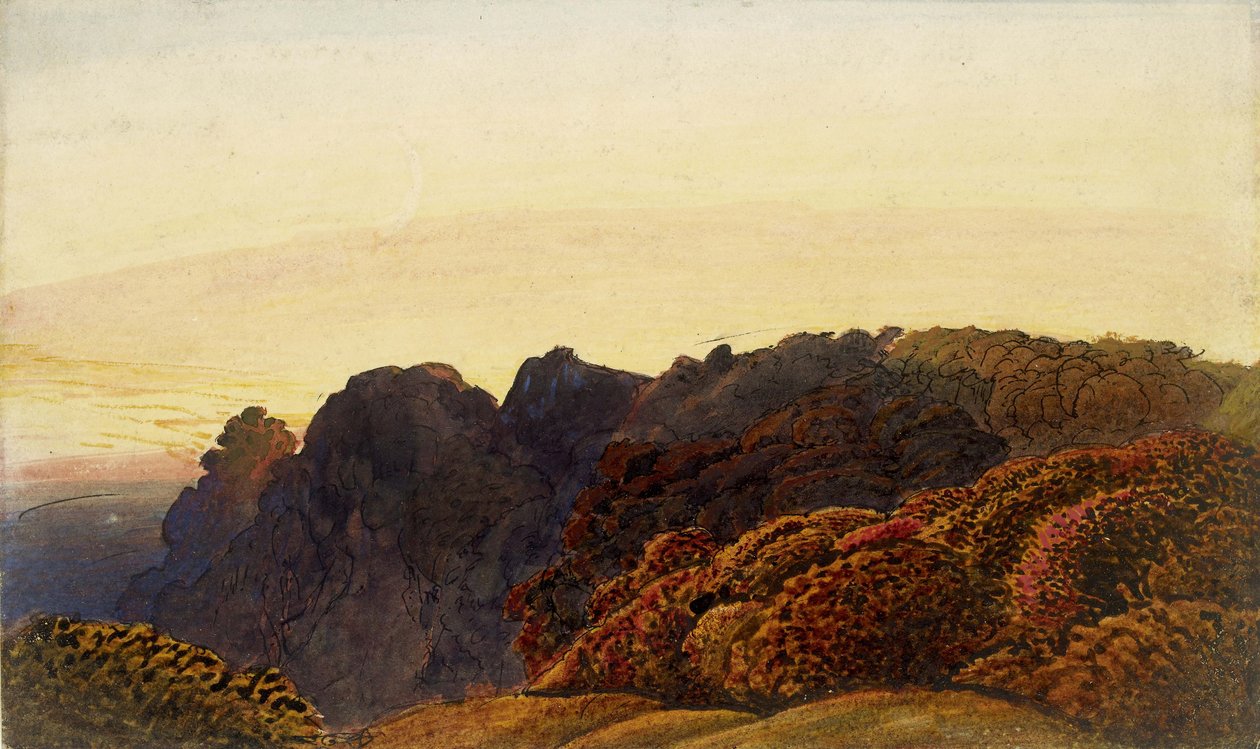 Yellow Twilight, n. 1830 (kynä ja intialainen muste ja pesuaine, vesivärillä ja vartalovärillä ja arabikumilla, luonnonvalkoisella paperilla) tekijältä Samuel Palmer