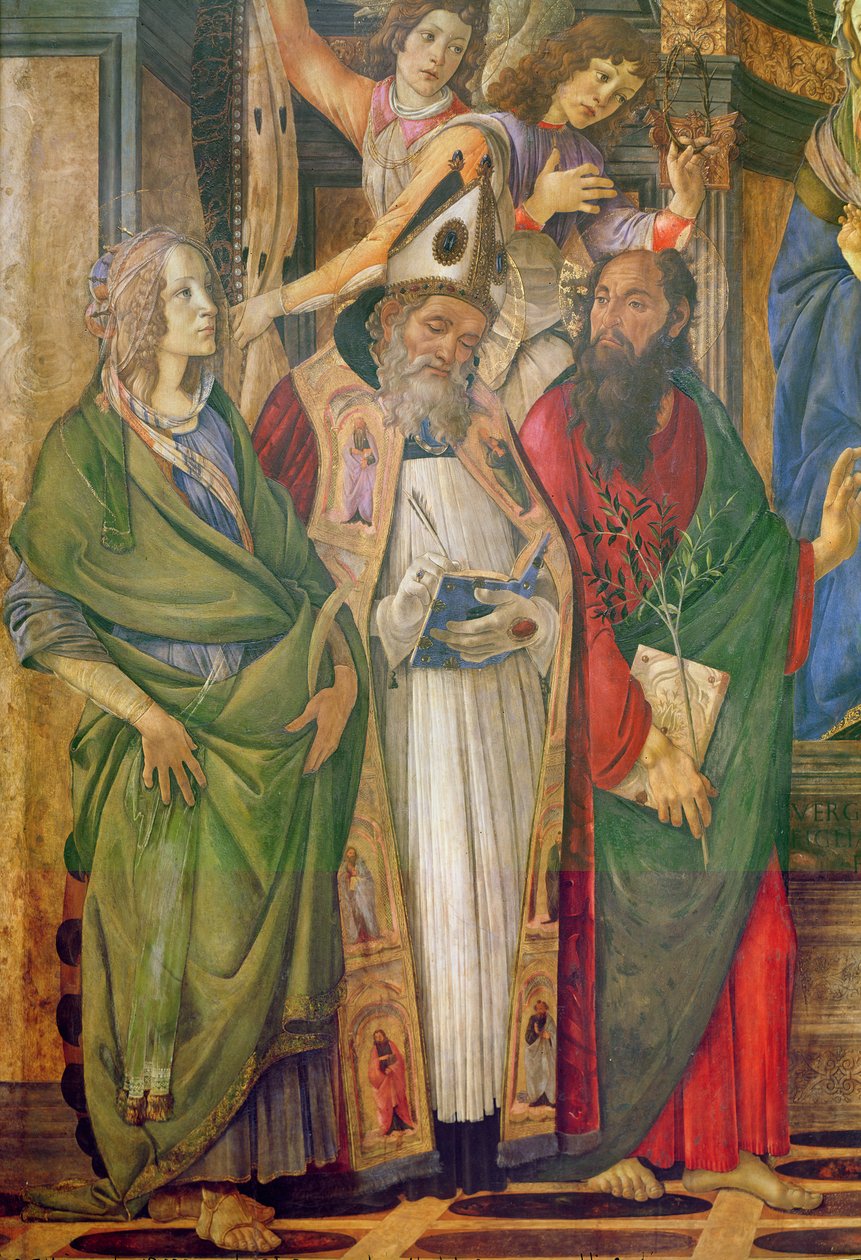 Pyhän Barnabaan alttaritaulu, yksityiskohta Pyhästä Katariinasta Aleksandriasta, Pyhästä Barnabasta ja Pyhästä Augustinuksesta, n. 1488 tempera puulla tekijältä Sandro Botticelli