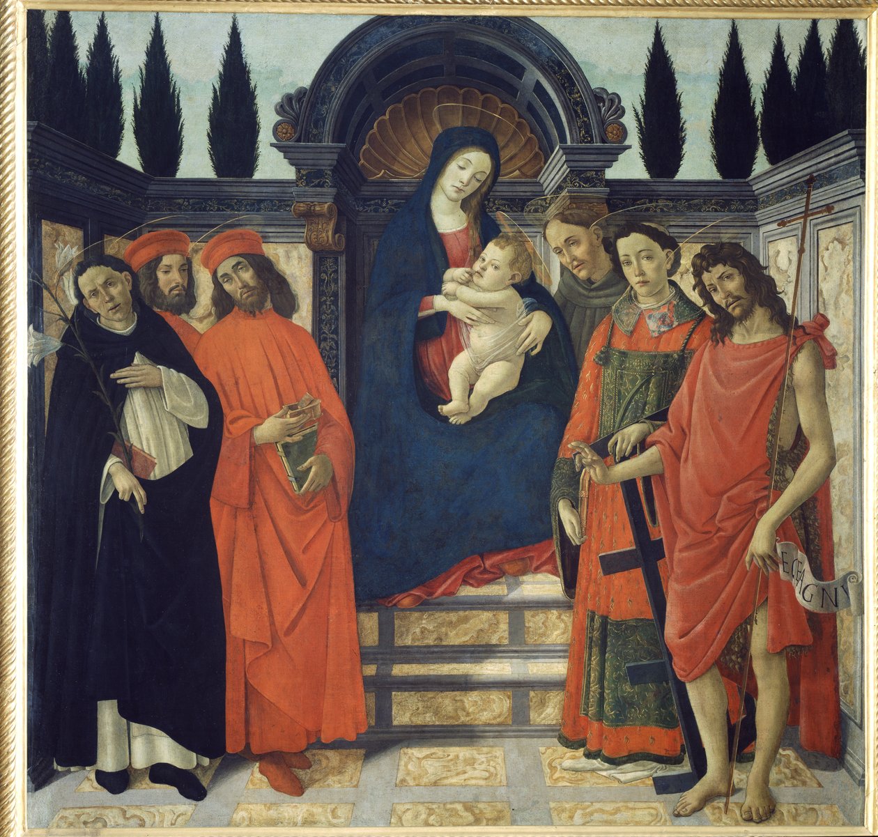 Neitsyt ja lapsi Pyhän Johannes Kastajan, St. Damianuksen ja St. Cosmon kanssa tekijältä Sandro Botticelli