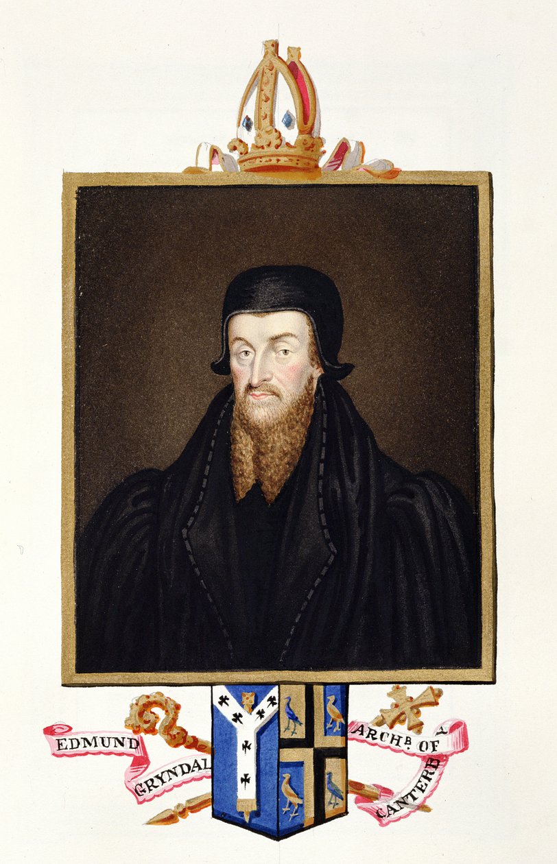 Edmund Grindalin (n. 1519-83) muotokuva Canterburyn arkkipiispasta vuonna 1825 julkaistusta "Kuningatar Elisabetin tuomioistuimen muistelmista" (wc ja guassi paperilla) tekijältä Sarah Countess of Essex