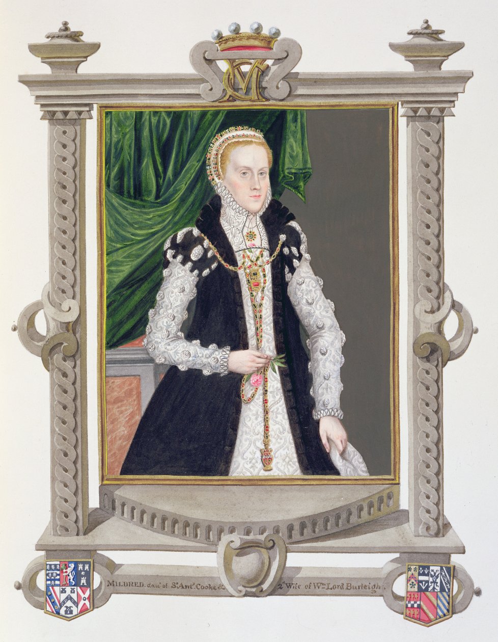 Mildred Cooken, Lady Burghleyn muotokuva Queen Elizabethin hovin muistelmista, julkaistu vuonna 1825 (wc ja guassi paperilla) tekijältä Sarah Countess of Essex