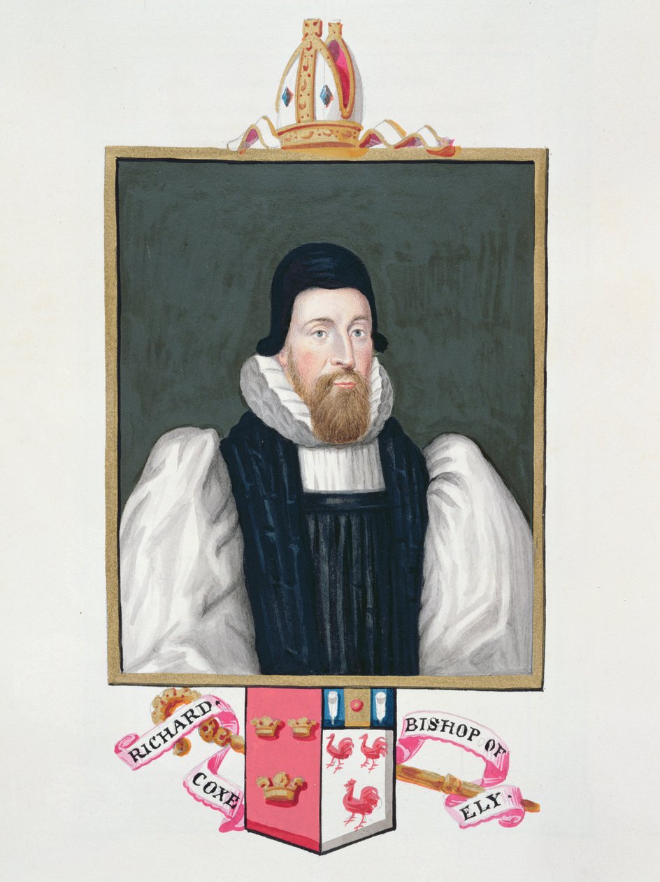 Muotokuva Richard Coxista (1500-81) Elyn piispa julkaisusta "Memoirs of the Court of Queen Elizabeth", julkaistu vuonna 1825 (wc ja guassi paperilla) tekijältä Sarah Countess of Essex