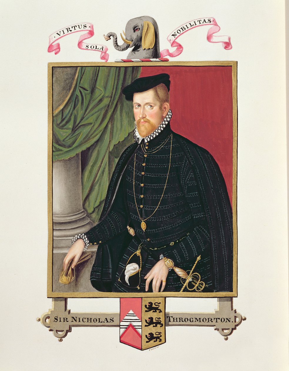 Sir Nicholas Throckmortonin (1515-71) muotokuva vuonna 1825 julkaistusta "Memoirs of the Court of Queen Elizabethista" (wc ja guassi paperilla) tekijältä Sarah Countess of Essex