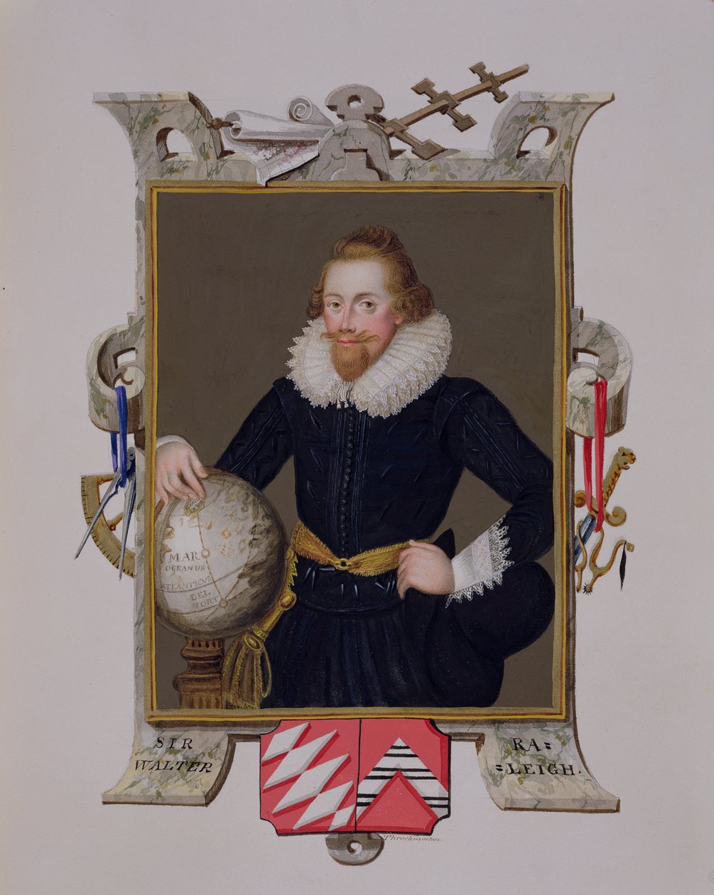Sir Walter Raleighin (n.1552-1618) muotokuva vuonna 1825 julkaistusta teoksesta "Memoirs of the Court of Queen Elizabeth" (wc ja guassi paperille). tekijältä Sarah Countess of Essex