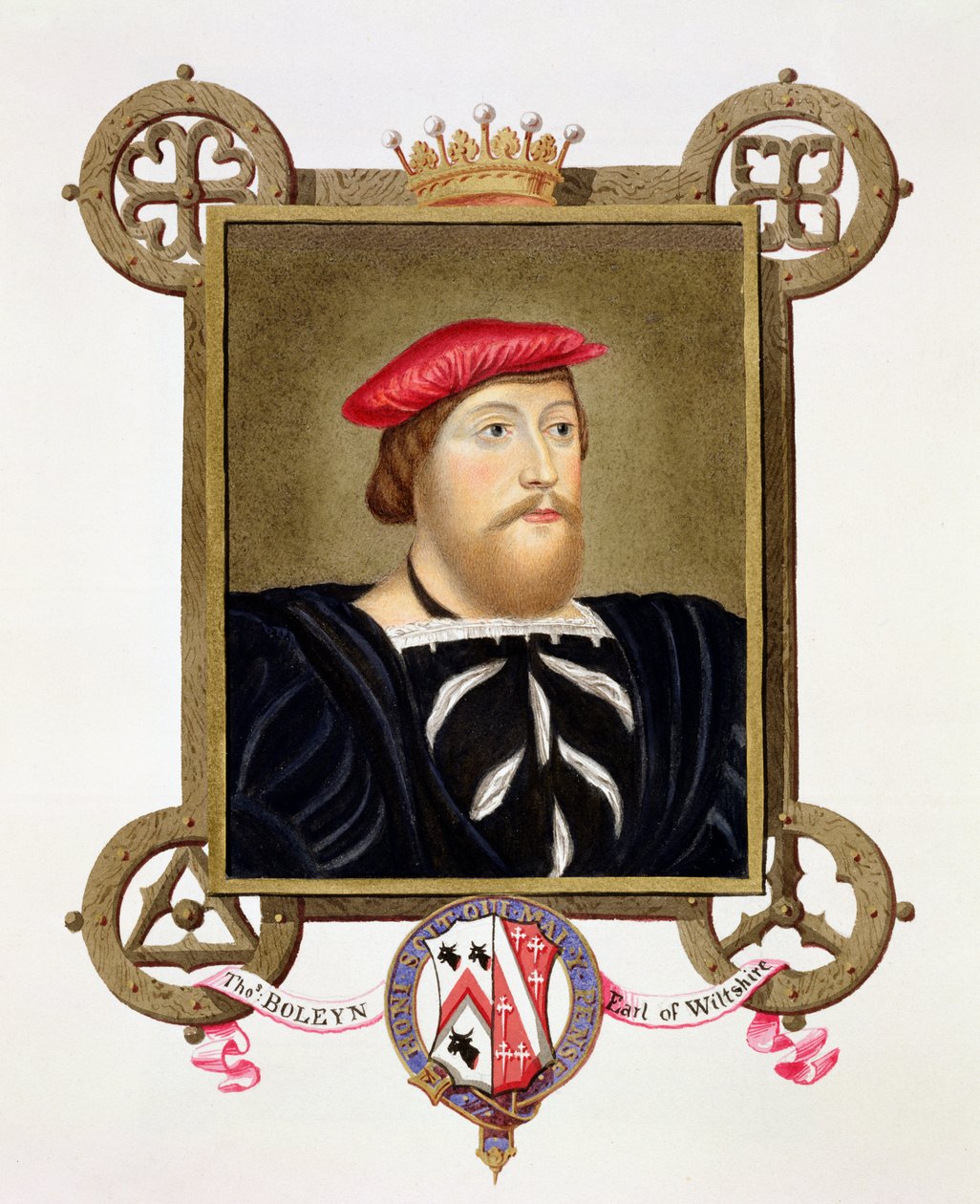 Thomas Boleynin (1477-1539) Wiltshiren jaarlin muotokuva "Kuningatar Elisabetin hovin muistelmista" Hans Holbeinin (1497-1543) piirustuksen jälkeen kuninkaalliseen kokoelmaan, julkaistu vuonna 1825 (wc ja tekijältä Sarah Countess of Essex
