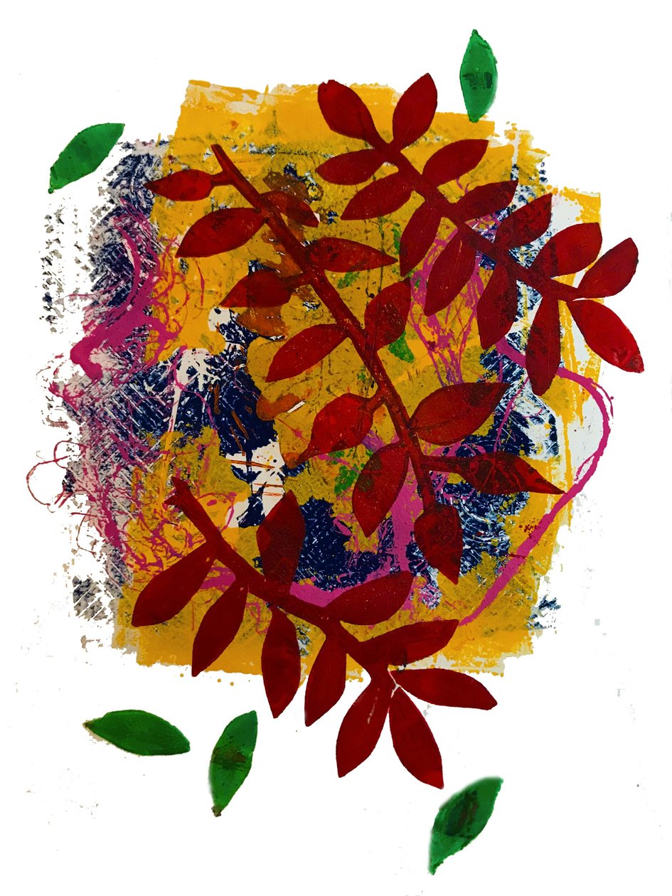 Punaiset lehdet (monoprintti paperille) tekijältä Sarah Thompson Engels