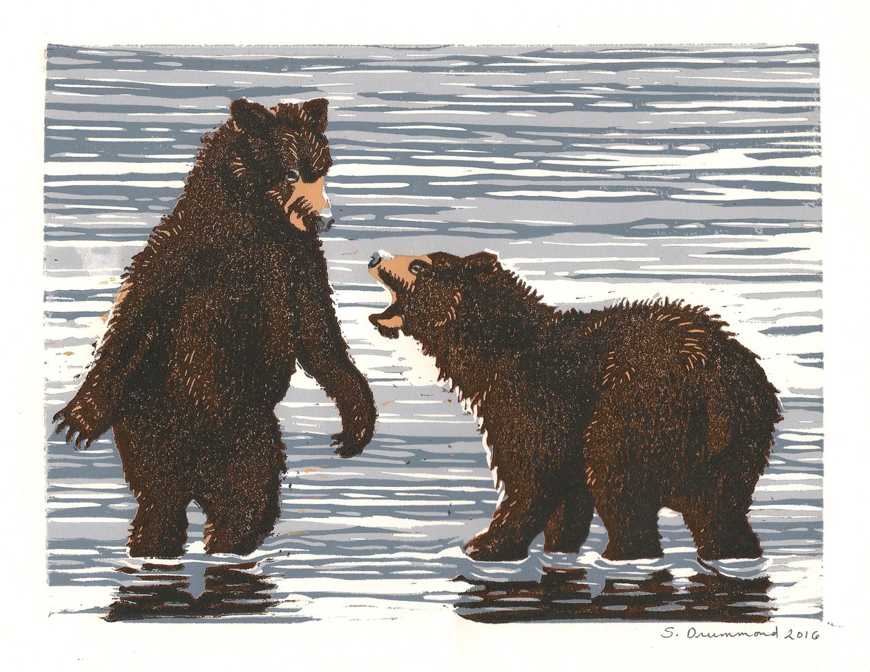 Lohipuron ilonpito, 2016 (Linoleikkaus) tekijältä Sarah Drummond