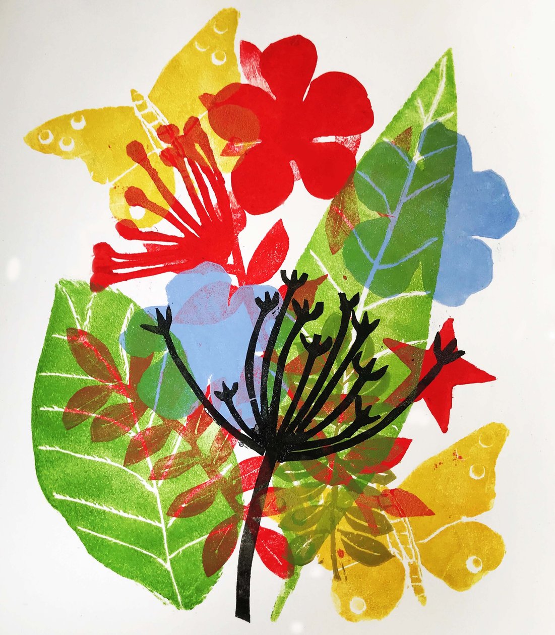 Siemenpäät ja kukat, 2019 (muste monoprint) tekijältä Sarah Thompson Engels