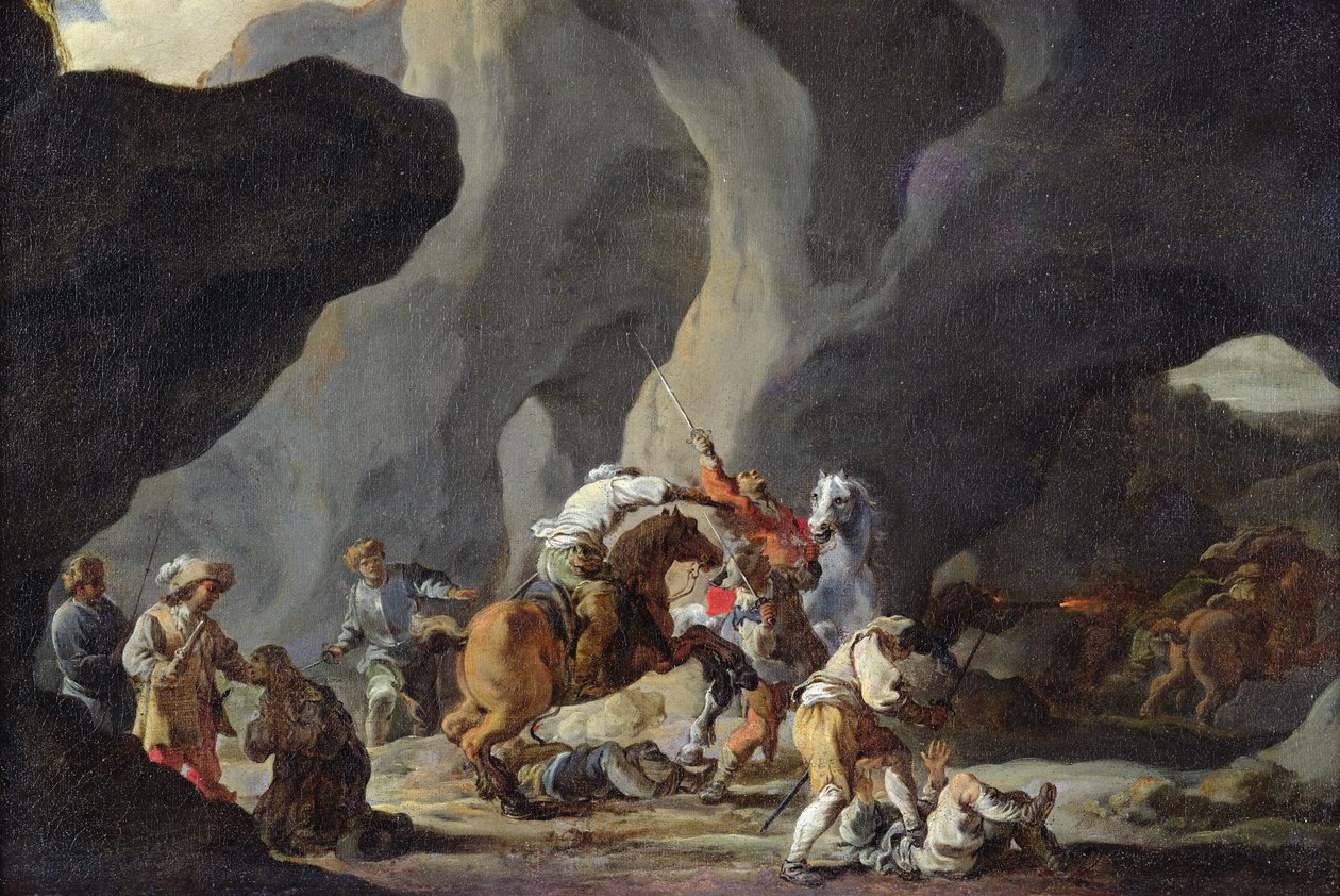 Matkustajien hyökkäys, n. 1634-37 tekijältä Sébastien Bourdon
