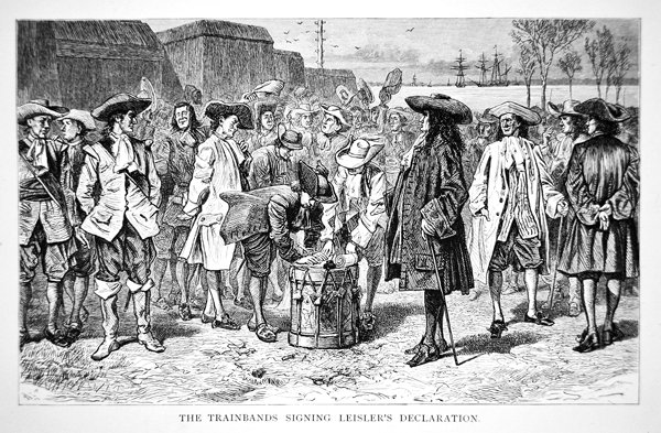 Trainbands allekirjoittamassa Leislerin julistusta vuonna 1689 (kaiverrus). tekijältä School American