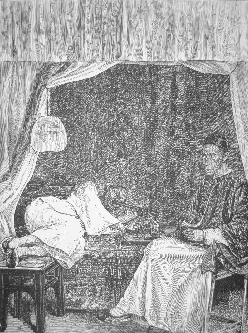 Kiinalaiset oopiumin tupakoitsijat, kaiverrus vuodelta 1875 (litho) tekijältä School Chinese