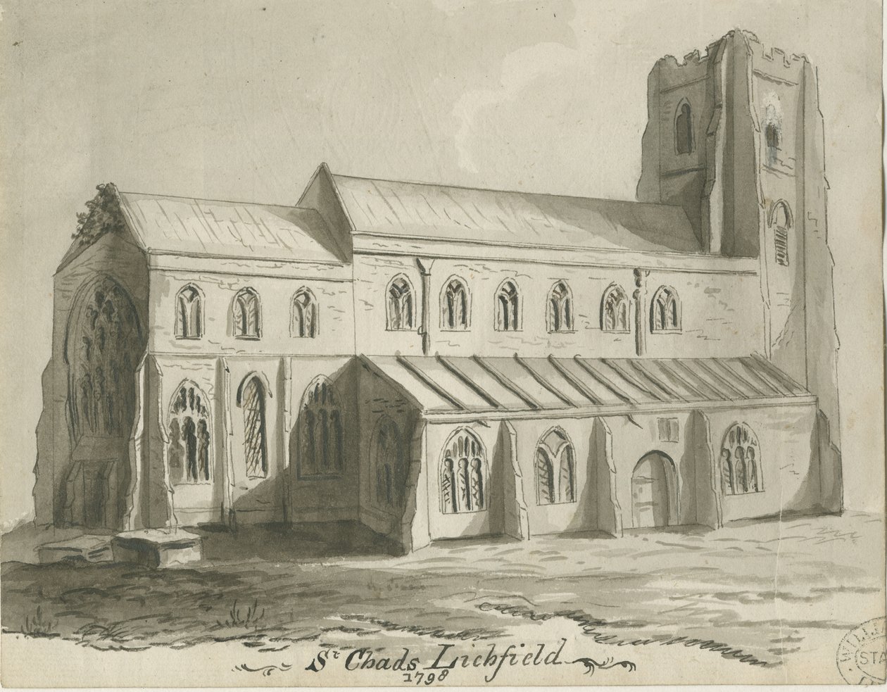 Lichfield - St. Chadin kirkko: seepiapiirros tekijältä School English