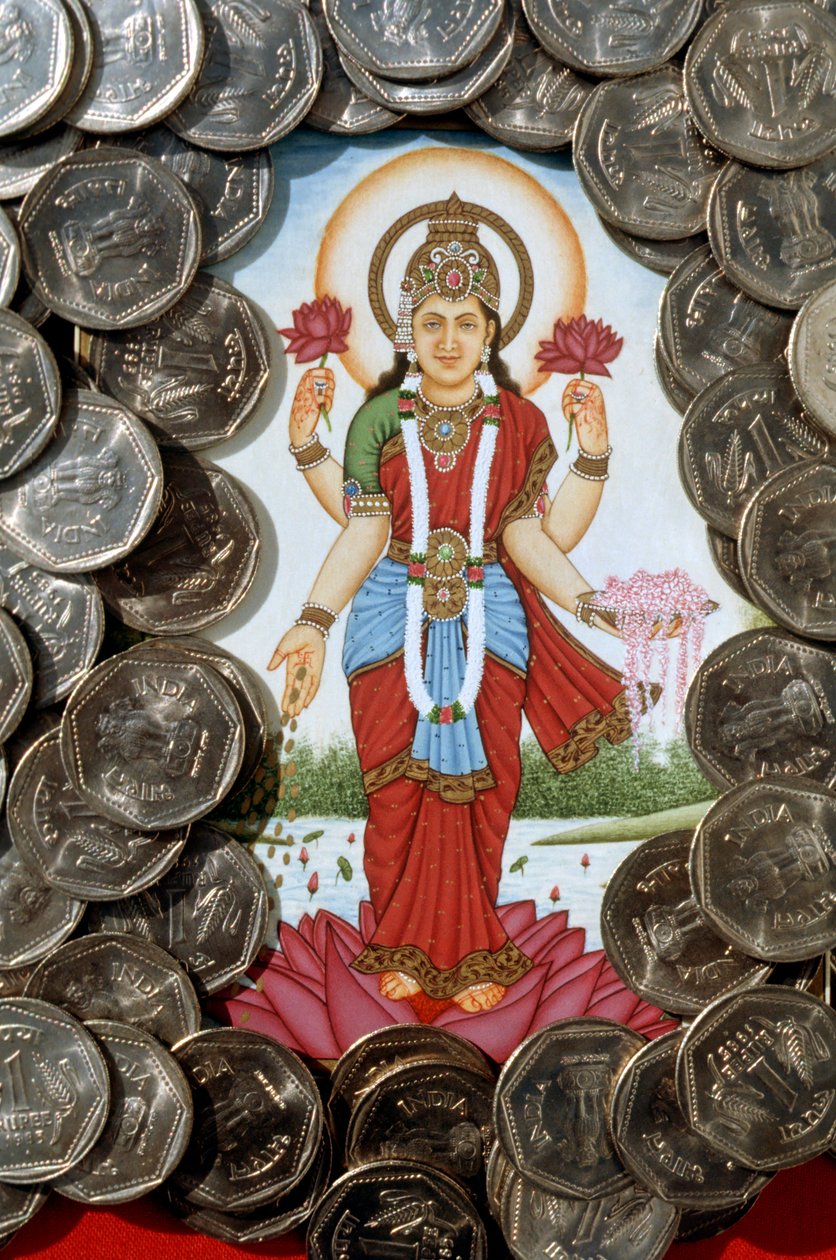 Lakshmi-jumalatar ja yhden rupian kolikot tekijältä School Indian
