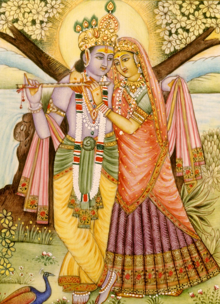 Radha Krishna miniatyyri maalaus norsunluun päällä tekijältä School Indian