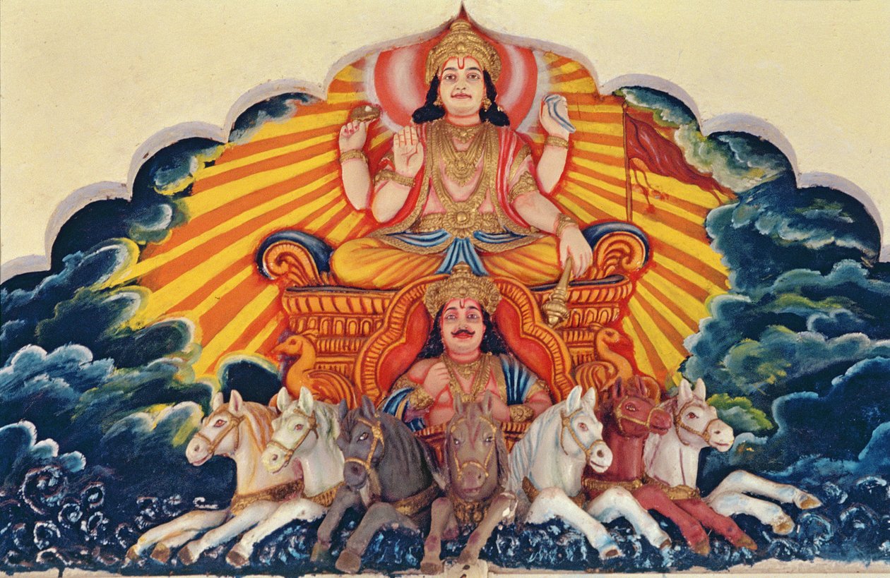 Surya Narayan, auringon jumala (maalattu reliefi) tekijältä School Indian