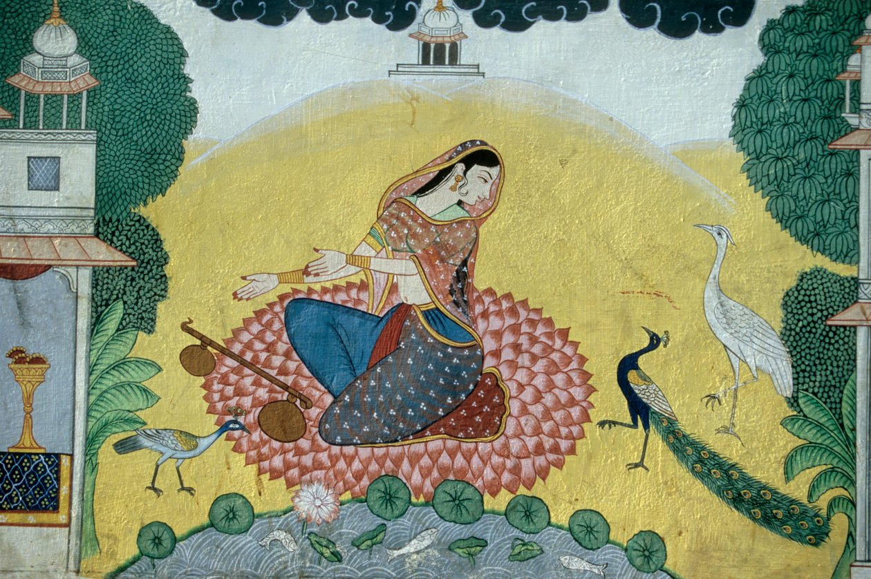Nainen ja Rudra Veena miniatyyrimaalaus, Intia tekijältä School Indian